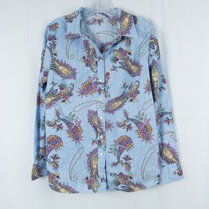 Talbots Cotton Button Front Shirt Swirly Paisley Womens Medium Blue Western Boho